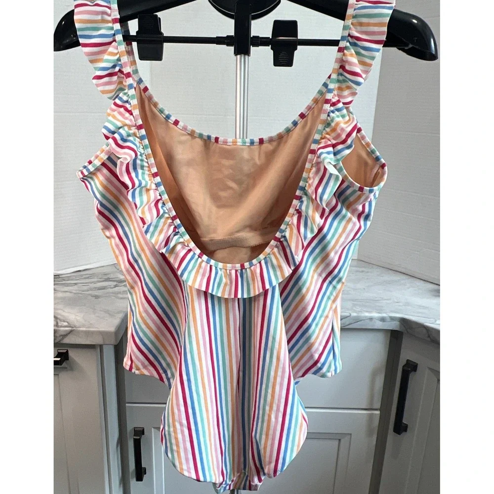 J.Crew One Piece Bathing Suit  Ruffle Trim Color Stripes Unpadded Sz L